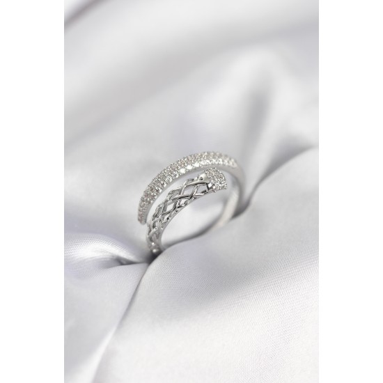 Gümüş Renk Zirkon Taşlı Sarmal Kadın Yüzük - TJ-BYK3986