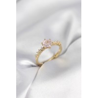 Gold Renk Pembe Tek Taş Model Zirkon Taşlı Kadın Yüzük TJ-BYK3991