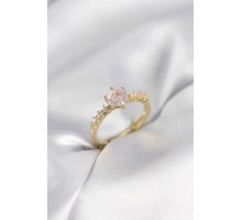 Gold Renk Pembe Tek Taş Model Zirkon Taşlı Kadın Yüzük - TJ-BYK3991