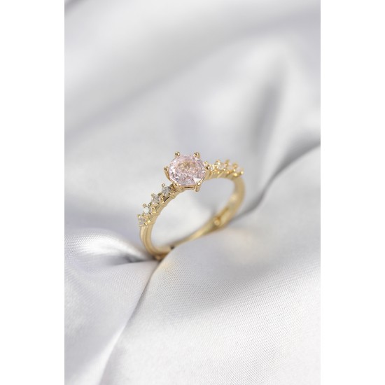 Gold Renk Pembe Tek Taş Model Zirkon Taşlı Kadın Yüzük - TJ-BYK3991