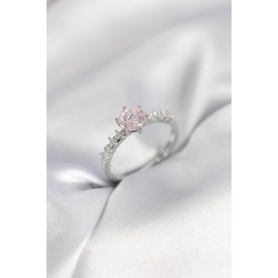 Gümüş Renk Pembe Tek Taş Model Zirkon Taşlı Kadın Yüzük - TJ-BYK3992