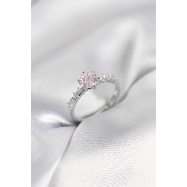Gümüş Renk Pembe Tek Taş Model Zirkon Taşlı Kadın Yüzük - TJ-BYK3992