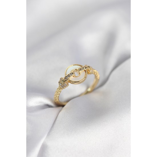 Gold Renk Daire Form Sedef ve Zirkon Taşlı Kadın Yüzük - TJ-BYK4003