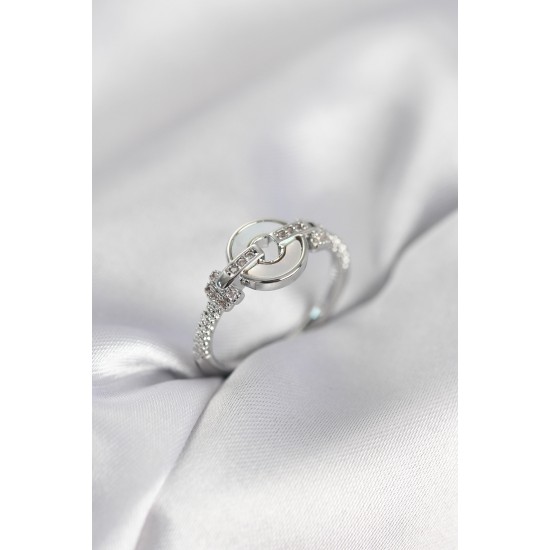 Gümüş Renk Daire Form Sedef ve Zirkon Taşlı Kadın Yüzük - TJ-BYK4004