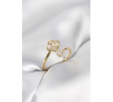 Gold Renk Zirkon Taşlı Yonca Model Kadın Yüzük - TJ-BYK4005