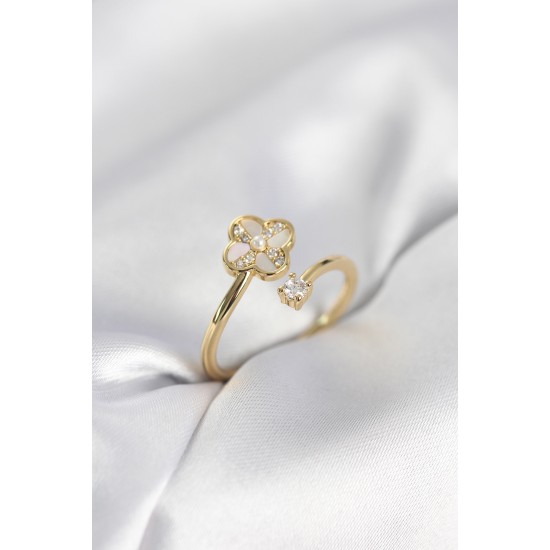 Gold Renk Zirkon Taşlı Yonca Model Kadın Yüzük - TJ-BYK4005