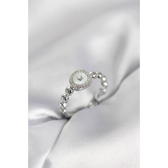 Gümüş Renk Sedefli Yıldız Model Zirkon Taşlı Kadın Yüzük - TJ-BYK4008