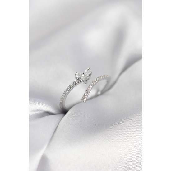 Gümüş Renk Zirkon Taşlı Kuyruklu Kalp Model Kadın Yüzük - TJ-BYK4014