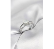 Gümüş Renk Sedefli Kedi Model Fiyonklu Zirkon Taşlı Kadın Yüzük - TJ-BYK4016