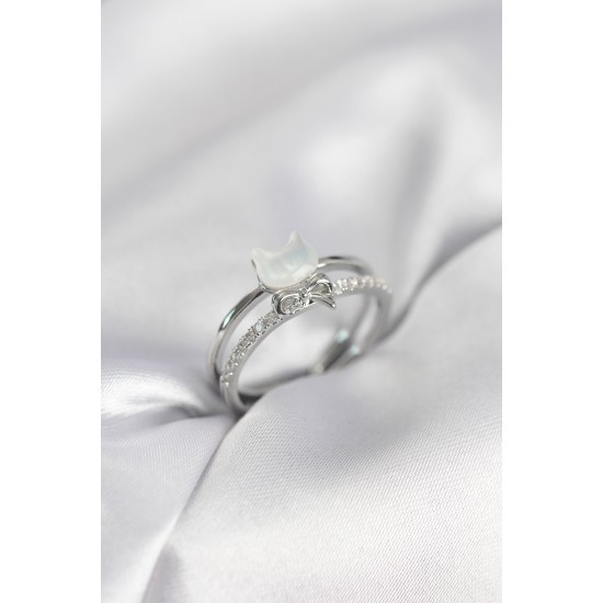 Gümüş Renk Sedefli Kedi Model Fiyonklu Zirkon Taşlı Kadın Yüzük - TJ-BYK4016