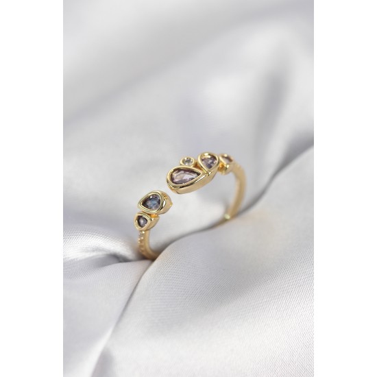 Gold Renk Mor Damla Zirkon Taşlı Kadın Yüzük - TJ-BYK4018
