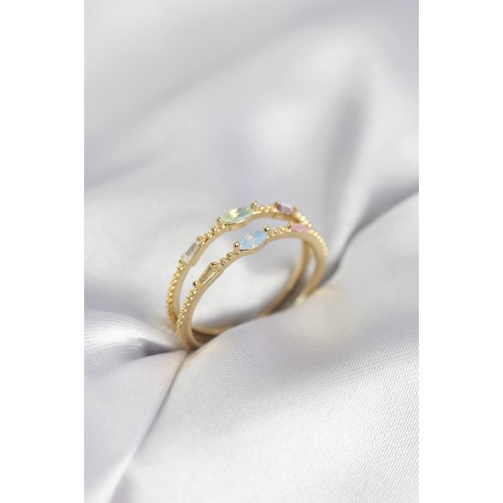Gold Renk Karışık Renk Zirkon Taşlı Kadın Yüzük - TJ-BYK4020