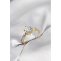 Zirkon Taşlı Tek Taş Model Gold Renk Kadın Yüzük - TJ-BYK4022
