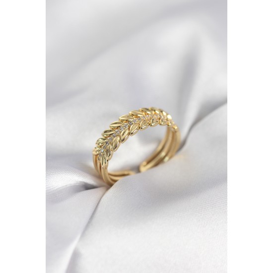 Gold Renk Başak Model Zirkon Taşlı Kadın Yüzük - TJ-BYK4024