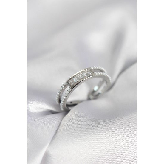 Baget Zirkon Taşlı Gümüş Renk İncili Kadın Yüzük - TJ-BYK4031