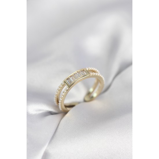 Baget Zirkon Taşlı Gold Renk İncili Kadın Yüzük - TJ-BYK4032