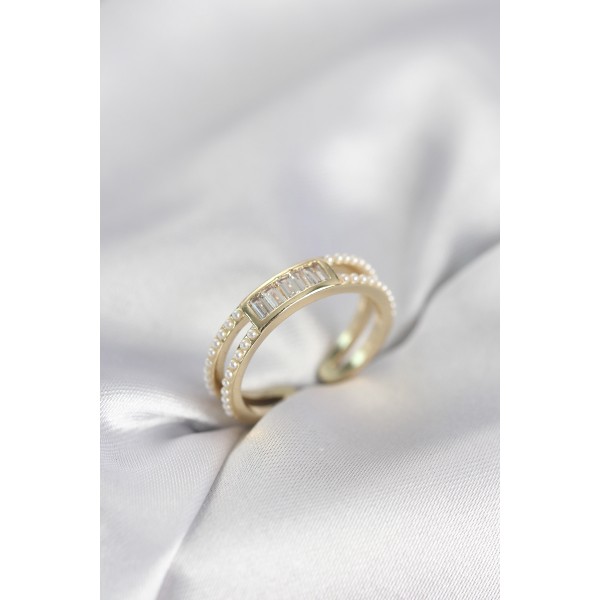 Baget Zirkon Taşlı Gold Renk İncili Kadın Yüzük - TJ-BYK4032