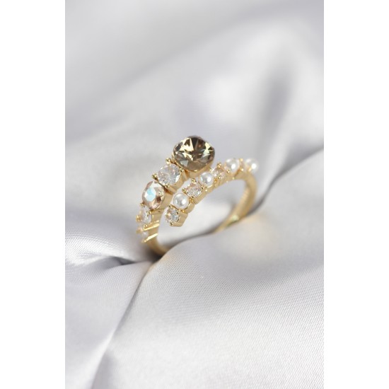 Gold Renk Pirinç Zirkon Taşlı İncili Kadın Yüzük - TJ-BYK4036