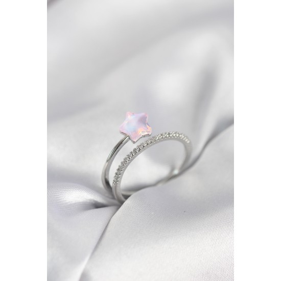 Gümüş Renk Zirkon Taşlı Pembe Halley Model Kadın Yüzük - TJ-BYK4039