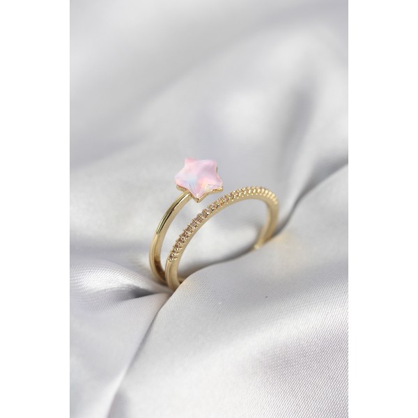 Gold Renk Zirkon Taşlı Pembe Halley Model Kadın Yüzük - TJ-BYK4040