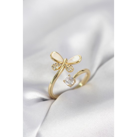 Gold Renk Yusufçuk Model Zirkon Taşlı Kadın Yüzük - TJ-BYK4044