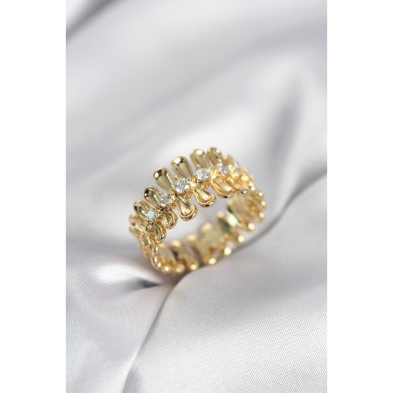 Gold Renk Zirkon Taşlı Sıralı Damla Model Kadın Yüzük - TJ-BYK4046