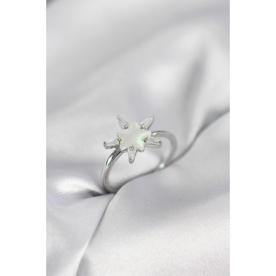 Gümüş Renk Yıldız Model Sedefli Zirkon Taşlı Kadın Yüzük - TJ-BYK4051