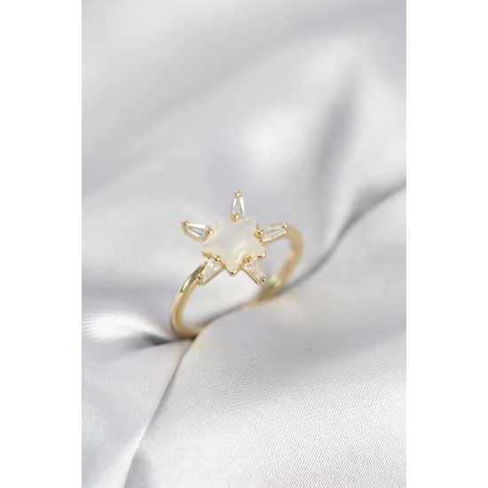 Gold Renk Yıldız Model Sedefli Zirkon Taşlı Kadın Yüzük - TJ-BYK4052