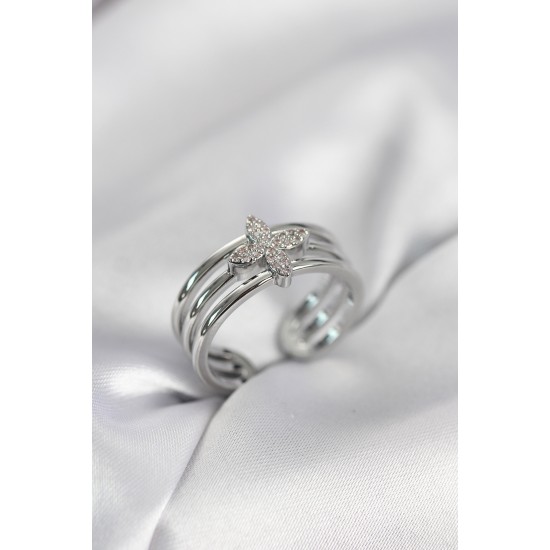 Gümüş Renk Zirkon Taşlı Yonca Model Kadın Yüzük - TJ-BYK4053