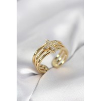 Gold Renk Zirkon Taşlı Yonca Model Kadın Yüzük TJ-BYK4054