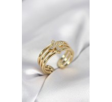Gold Renk Zirkon Taşlı Yonca Model Kadın Yüzük - TJ-BYK4054