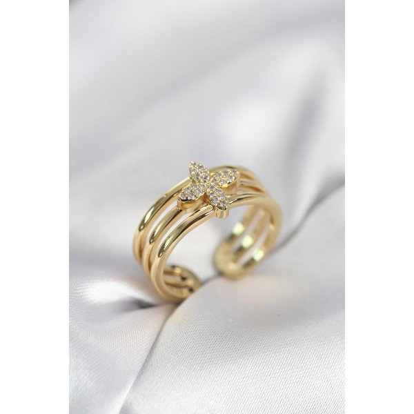 Gold Renk Zirkon Taşlı Yonca Model Kadın Yüzük - TJ-BYK4054