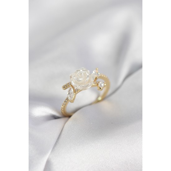 Gold Renk Gül Model Zirkon Taşlı Kadın Yüzük - TJ-BYK4064