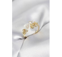 Gold Renk Pirinç Çiçek Model Zirkon Taşlı Kadın Yüzük - TJ-BYK4070