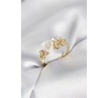 Gold Renk Pirinç Çiçek Model Zirkon Taşlı Kadın Yüzük - TJ-BYK4070