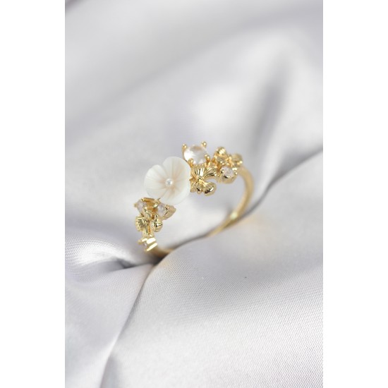Gold Renk Pirinç Çiçek Model Zirkon Taşlı Kadın Yüzük - TJ-BYK4070