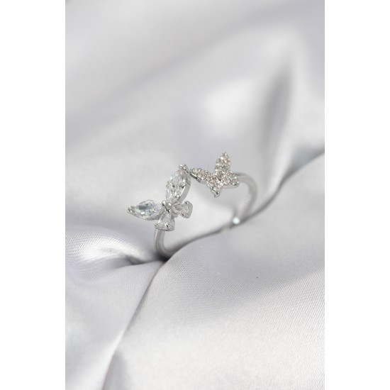 Kelebek Model Zirkon Taşlı Gümüş Renk Kadın Yüzük - TJ-BYK4077