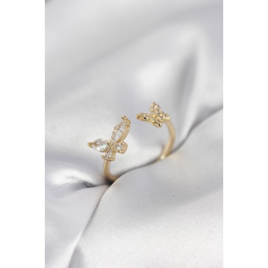 Kelebek Model Zirkon Taşlı Gold Renk Kadın Yüzük - TJ-BYK4078