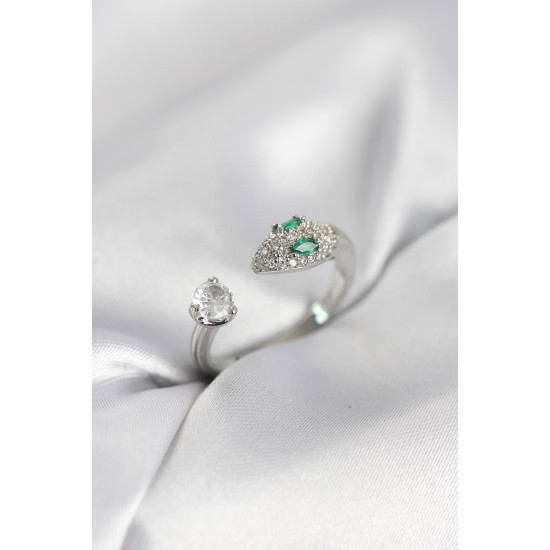 Yılan Model Zirkon Taşlı Gümüş Renk Kadın Yüzük - TJ-BYK4079