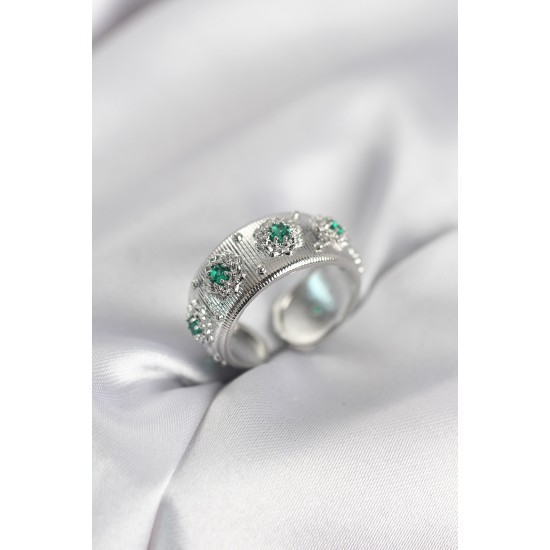 Yeşil Zirkon Taşlı Gümüş Renk Vintage Kadın Yüzük - TJ-BYK4083