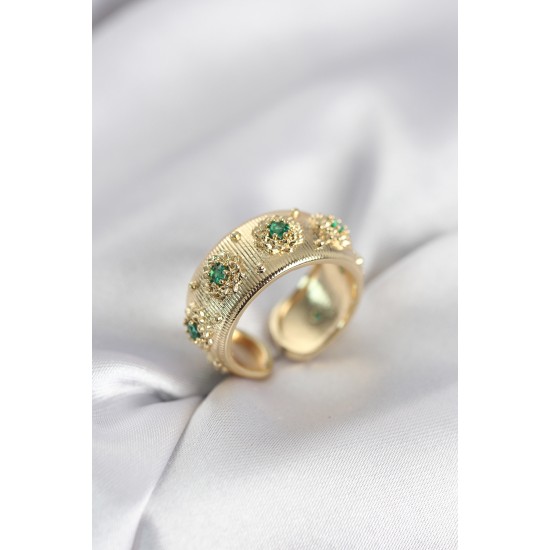 Yeşil Zirkon Taşlı Gold Renk Vintage Kadın Yüzük - TJ-BYK4084