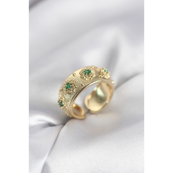 Yeşil Zirkon Taşlı Gold Renk Vintage Kadın Yüzük - TJ-BYK4084