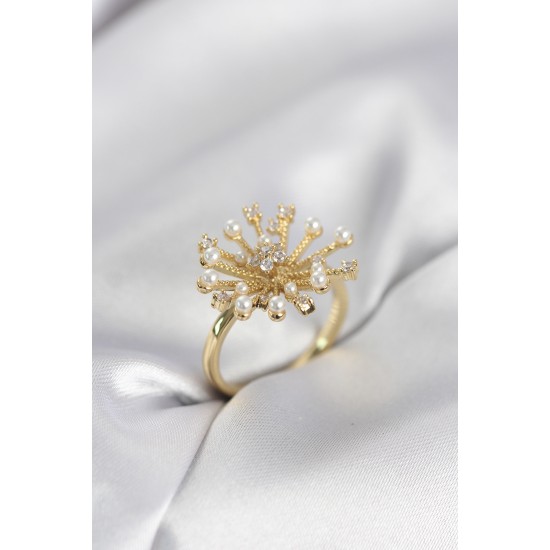 Gold Renk Karahindiba Model Zirkon Taşlı Kadın Yüzük - TJ-BYK4086