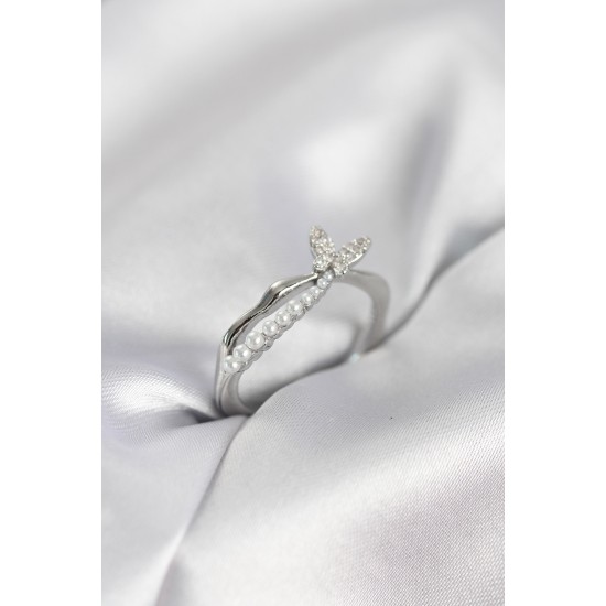 Gümüş Renk Kuyruklu Kelebek Model İncili Kadın Yüzük - TJ-BYK4091