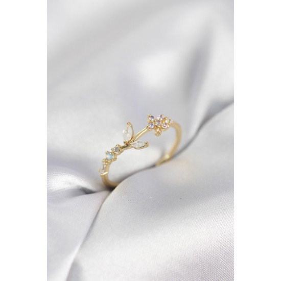 Çiçek Model Zirkon Taşlı Gold Renk Kadın Yüzük - TJ-BYK4092