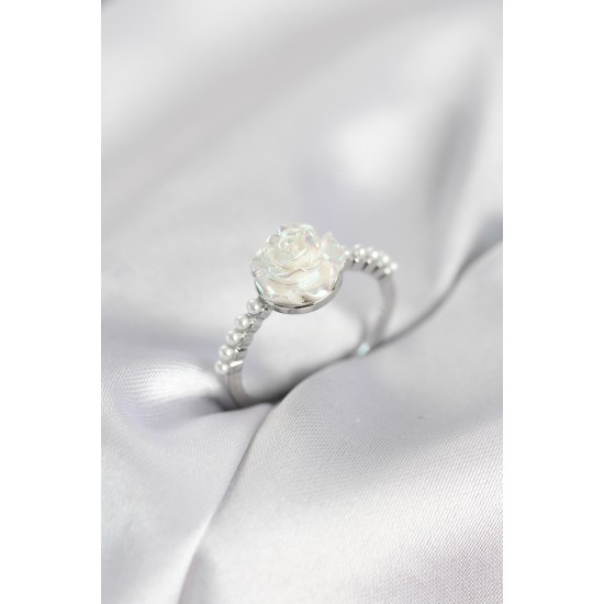 Gümüş Renk Gül Model İncili Kadın Yüzük - TJ-BYK4093