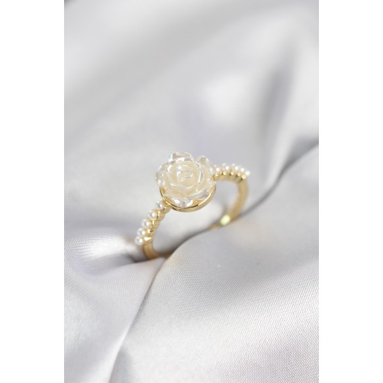 Gold Renk Gül Model İncili Kadın Yüzük - TJ-BYK4094