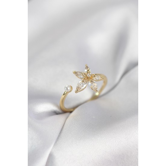 Lotus Model Zirkon Taşlı Gold Renk Kadın Yüzük - TJ-BYK4095