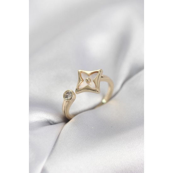 Gold Renk Köşeli Yonca Model Zirkon Taşlı Kadın Yüzük - TJ-BYK4099