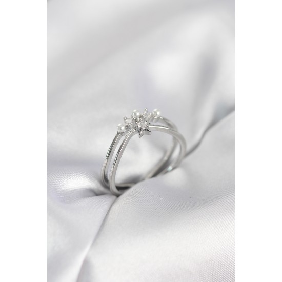 Gümüş Renk İncili Yıldız Model Zirkon Taşlı Kadın Yüzük - TJ-BYK4100